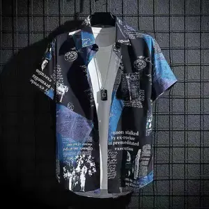 Shirt Short Sleeve Men's Summer Thin Loose Hong Kong Style Batwing Sleeve Retro Artistic Korean Style Versatile Casual Newspaper Shirt Closed