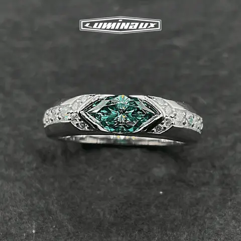 [LUMI39] 925 Sterling Silver Unisex 2.0 Design Synthetic Diamond Ring, Excellent Marquise Cut Aqua Green Single Main Stone, Elegant Engagement Ring for Adult Daily Wear