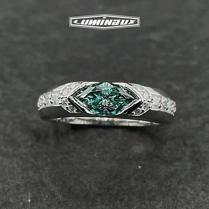 [LUMI39] 925 Sterling Silver Unisex 2.0 Design Synthetic Diamond Ring, Excellent Marquise Cut Aqua Green Single Main Stone, Elegant Engagement Ring for Adult Daily Wear