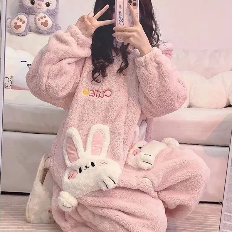 Coral Velvet Onesies Women Cute Rabbit Kigurumi Unicorn Preppy Cartoon Hooded Kawaii Thicker Winter Warm Cotton Pajamas Homewear