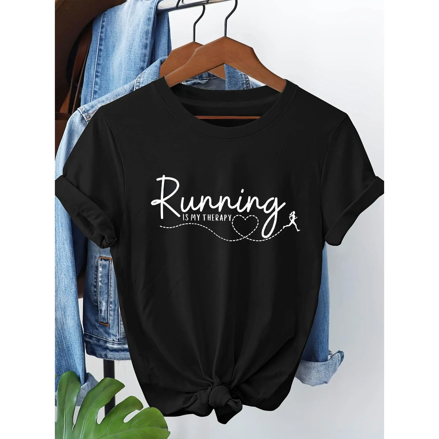 Running Is My Therapy Print Women Oversize Tshirt Summer Casual Crew Neck Soft Short Sleeve Top For Runners Daily Wear Gym Outdoor Comfortable Tee