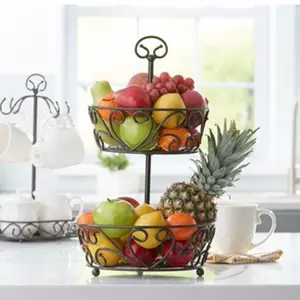 2 Tier Basket - Decorative Fruit Stand for Kitchen Countertops & Dining Tables - Elegant Scroll Design for Fruit & Snacks