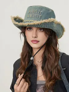 Letter Embroidery Ripped Design Denim Bucket Hat, Casual Outdoor Sun Protection Hat for Women & Men, Fashion Accessories for Daily Wear