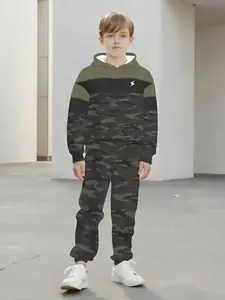 3D Printed Camo Lightning Bolt Long Sleeve Hoodie Set, Fashion New Design, Casual Style, Teenage Clothing