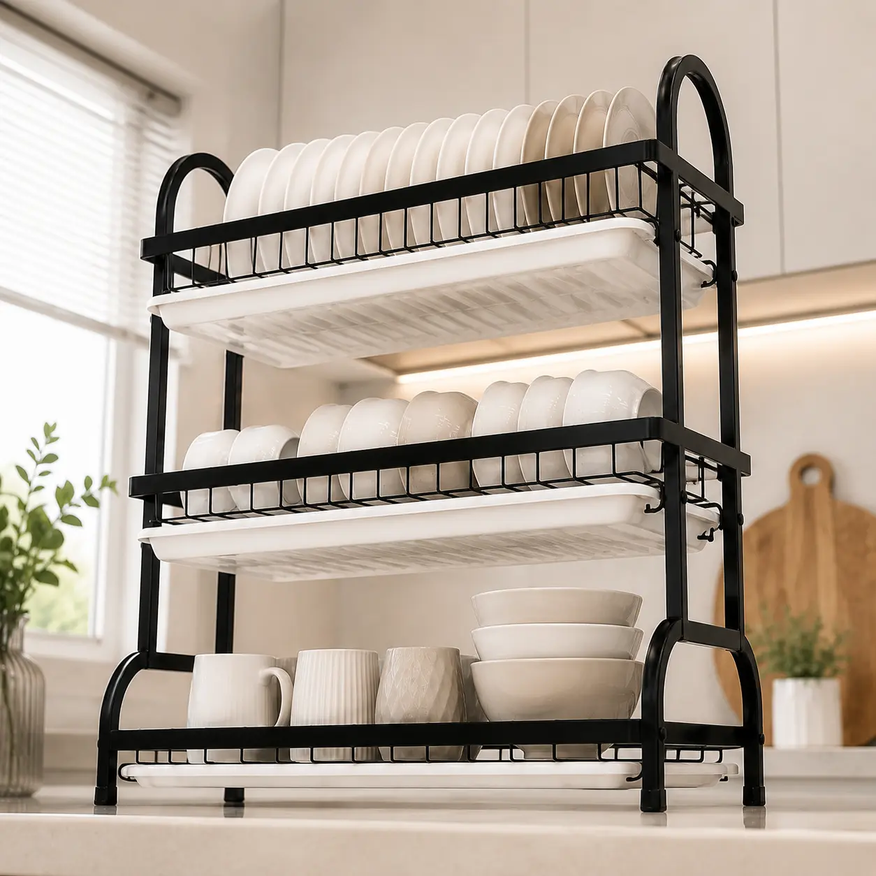 Black 3-Layer Carbon Steel Kitchen Dish Rack & Organizer - Rust-Proof, Lightweight, Sturdy, Compartmentalized Clutter-Free Draining Boards, Chopstick, Utensil, Bowl, Plate Holders, Cutting Board Slot for Small Kitchens, Apartments, Divided Organizer Shelv