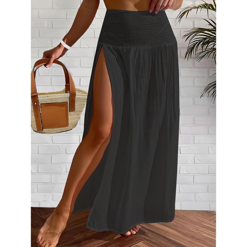 Vibrant Solid Color Shirred Waist Maxi Coverup Skirt - Flowy, Split Thigh,Summer Bottom Basic Chic Elegant Womenswear Minimalist White Vibrant Solid Color Shirred Waist Maxi Coverup Skirt - Flowy, Split Thigh,Summer Bottom Basic Chic Elegant Womenswear Minimalist White