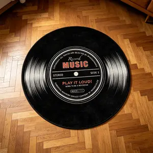 Creative Vinyl Record Pattern Round Rug, Ideal for Bedroom Bedside Decor, Living Room Home Décor, Balcony Decoration, Hotel Setup