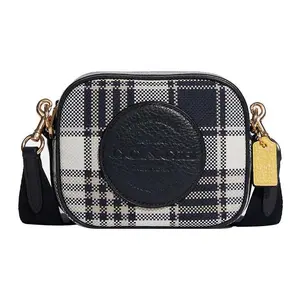 COACH Dempsey 14 Mini Camera Bag with Classic Plaid Jacquard and Pebbled Leather in Navy and White for Women