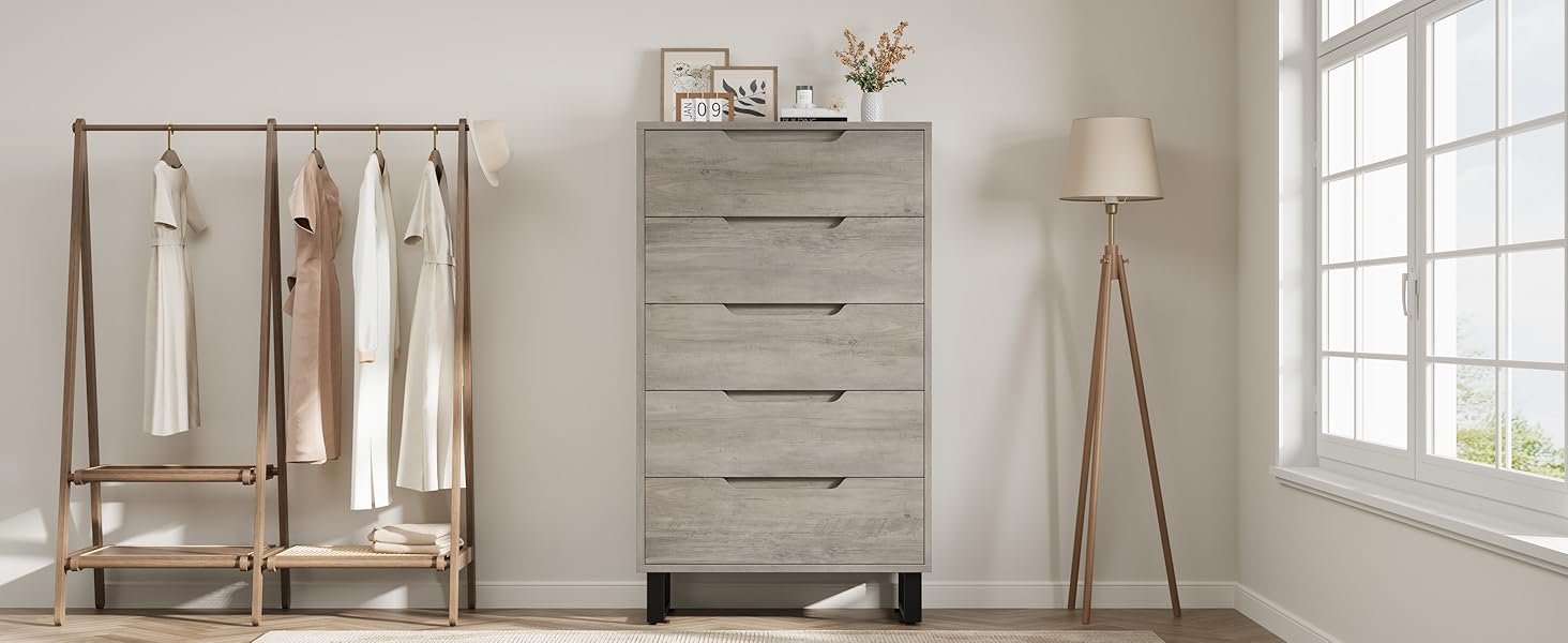 【GARVEE】5-Drawer Wooden Tall Dresser,  Anti-Tip Closet Organizer, Modern Chests of Drawers with Adjustable Legs, for Bedroom, Living Room, Entryway, Grey