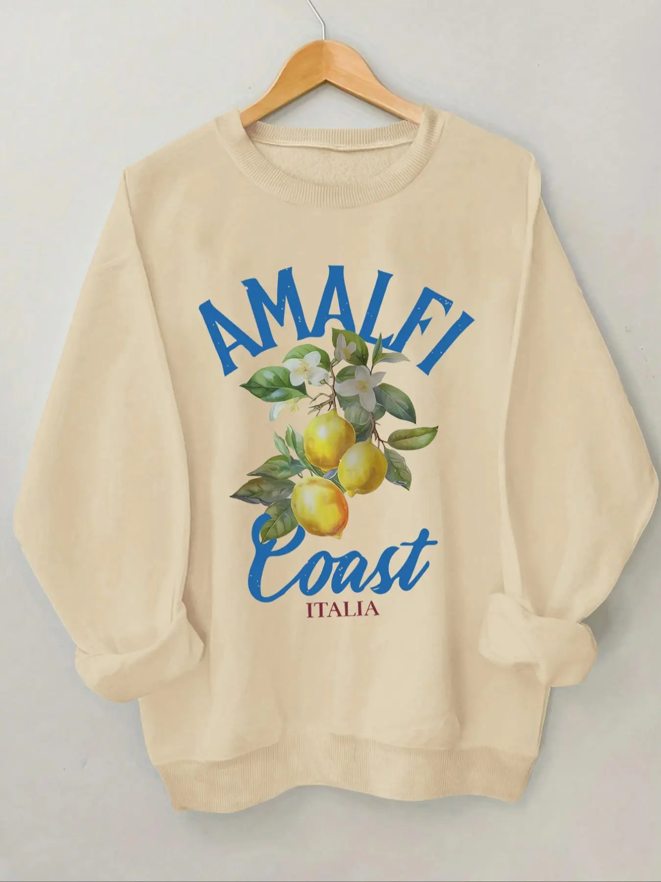 Women's Lemon & Letter Print Crew Neck Thermal Lined Sweatshirt, Casual Long Sleeve Pullover for Fall & Winter, Ladies Clothes for Daily Wear