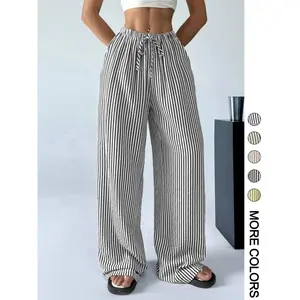 Women's Striped Print Drawstring Waist Pants, Casual Comfy Wide Leg Trousers for Daily Wear, Ladies Bottoms for All Seasons
