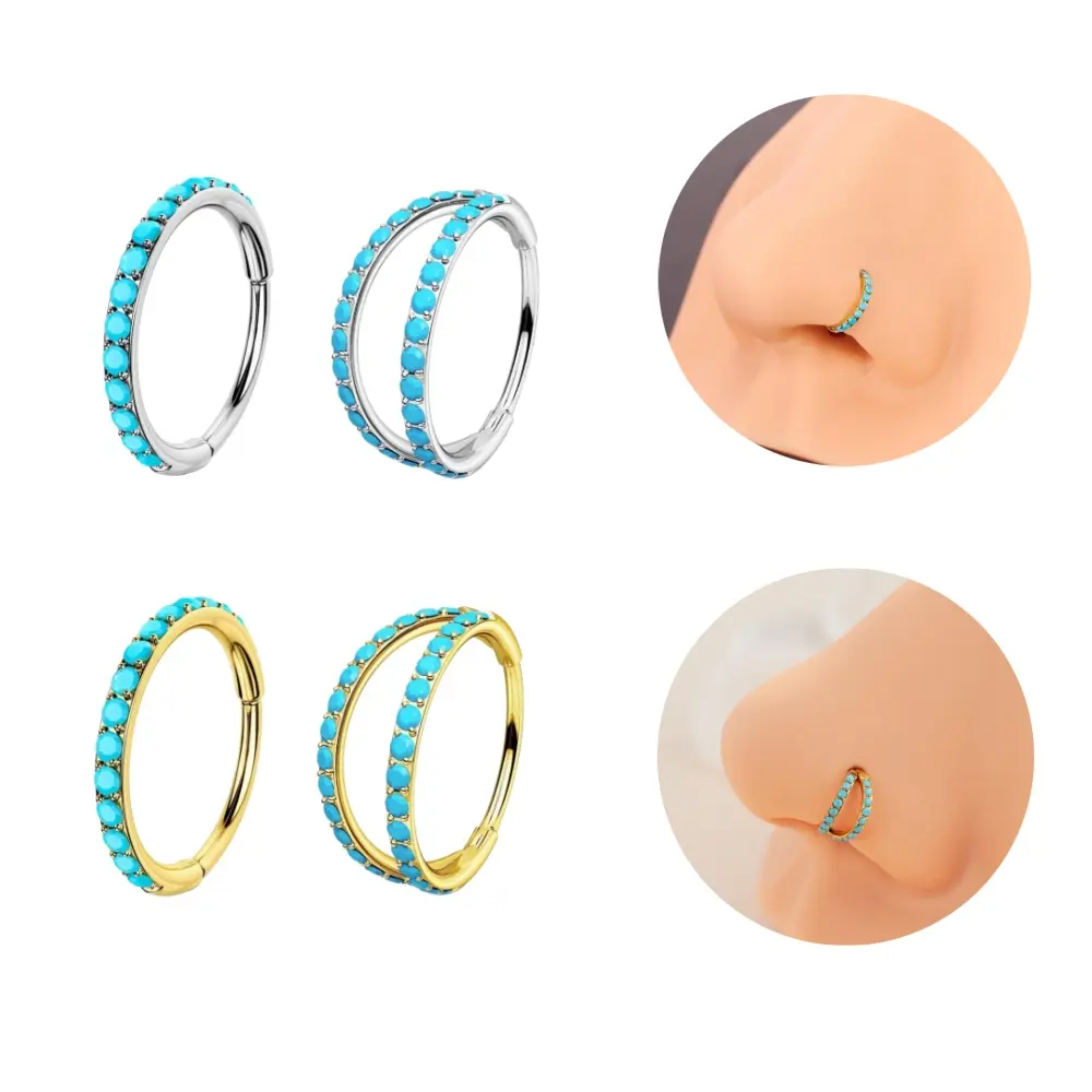 Oufer 20G Turquoise Hinged Segment Nose Ring - Non Tarnish 316L Stainless Steel