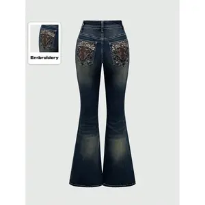 Grunge Punk & Alphabet Embroidery Women's Flare Casual Jeans, School