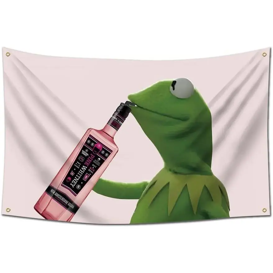Playful Kermit Pink Meme Art Flag Banner, 3x5 ft Durable Man Cave Wall Decor with 4 Brass Grommets, Chic Party Decorations Banners for College Dorm Room & Home Wall Hanging Backdrop, Flags for Room