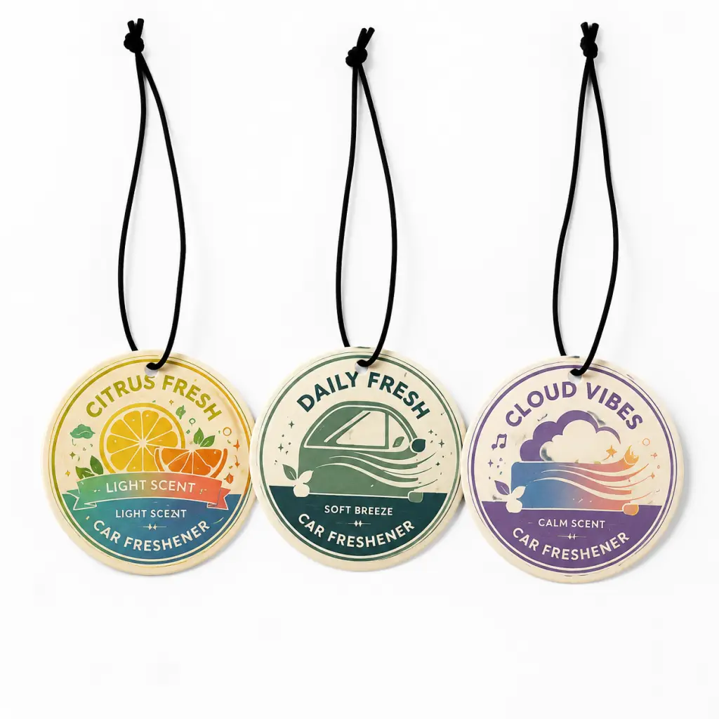 Car Air Freshener Hanging Paper, Aesthetic Scented Tag for Rearview Mirror Home Office Bedroom, Long Lasting Fragrance Odor Eliminator with 3 Citrus Fresh Scents, Compact Round Auto Interior Decor Gift for Drivers Men Women Road Trip Travel