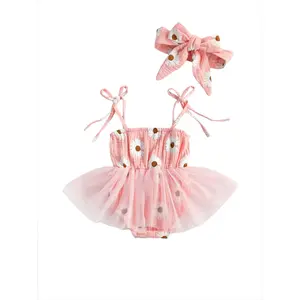 Baby Girl’s Lace-Up Suspender Romper Fresh Daisy Printing Mesh Yarn Jumpsuits and Headband