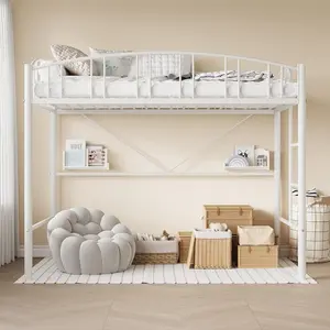 【Christmas Gift】Loft Bed Twin Size, Heavy Duty Metal Loft Bed Frame with Arched Guardrail and Safety Ladder, Space-Saving, No Box Spring Needed, White Unique Bedroom Furniture