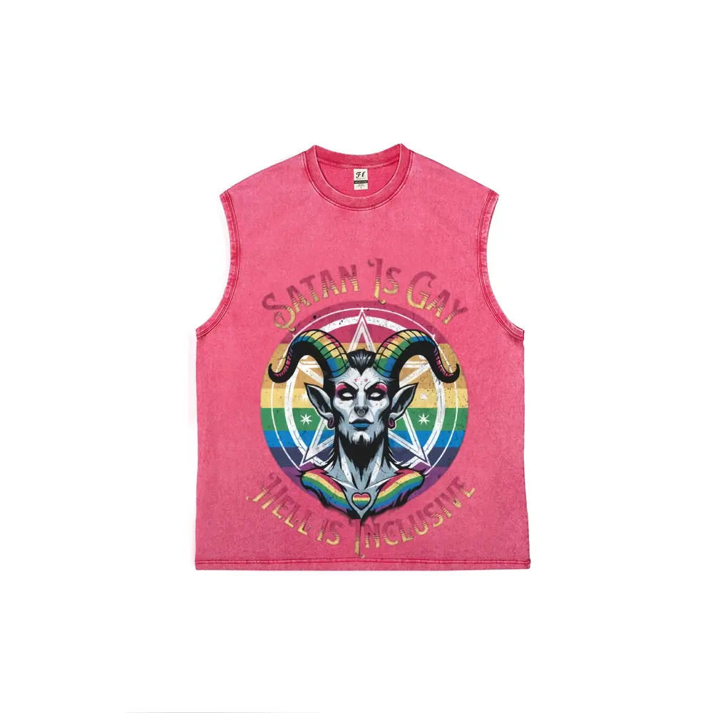 Funny "Hail Gay Satan & Hell Is Inclusive" Men's Washed Tank Top – Satirical LGBTQ+ Pride Graphic Sleeveless Muscle Tee, Pre-Washed Soft Cotton for Summer, Gym or Festival Wear, Relaxed Racerback Fit, Bold Humorous Print That Resists Fading