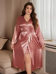 【Plus Size】 Solid Color Satin Bathrobe, Long Sleeve Casual Comfy Belted Gown for Women, Lady, Women's Sleepwear & Loungewear for All Seasons