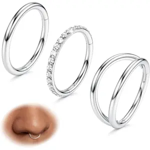 3pcs Nose Rings Hoops - 316L Surgical Steel Double Hoop Nose Rings 16G/18G/20G Hinged CZ Conch Piercing Jewelry Septum Clicker Lip Rings Cartilage Earring Helix Rook Tragus Daith 7mm/8mm/9mm/10mm