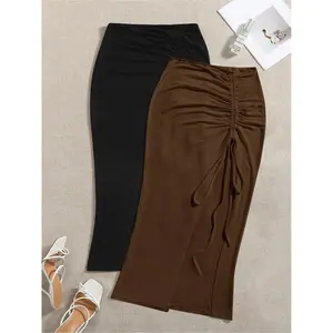 Women’s Elegant High-Waist Knitted Polyester Skirt, Solid Color, Slightly Elastic, Soft Long Skirt for Spring, Summer, and Autumn, Drawstring Side Hem