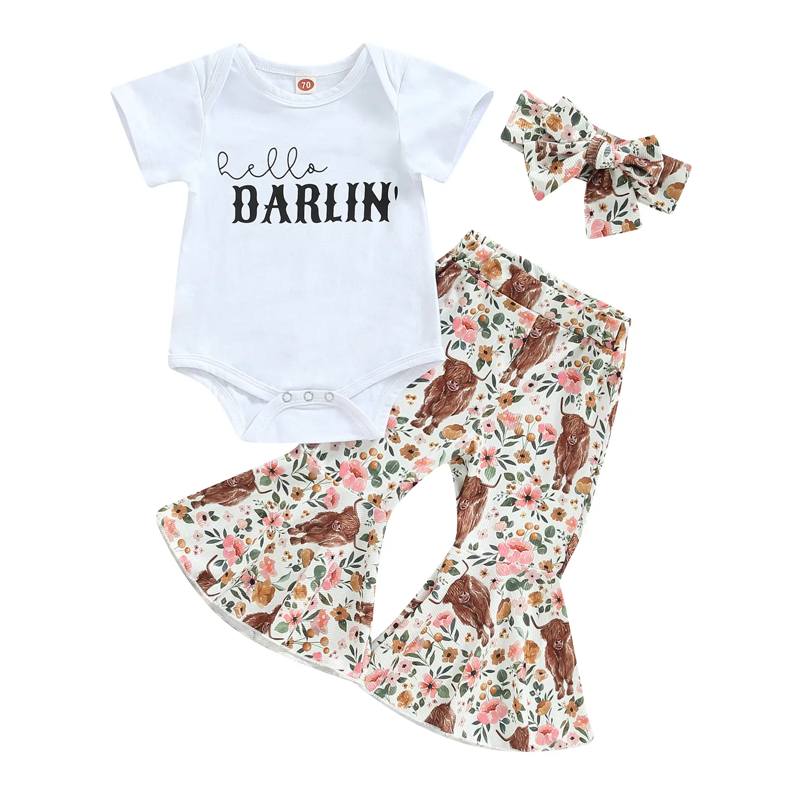 3Pcs Baby Girl Clothes Short Sleeve Letter Romper + Floral Cow Print Flare Pants + Headband Wester Cowgirl Outfit Set