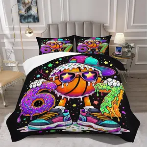 2/3Pcs Vibrant Cartoon Basketball Character Comforter Set, Colorful Bedding Set with Fun Donut Numbers & Star Accents, Perfect for Kids' Bedroom Decor, Playful & Eye-Catching Design 1 or 2 Pillowcase No Pillow Core