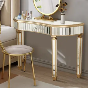 47" Half-Moon Mirrored Console Table with Fluted Glass & Crystal Knob Drawer - Silver Entryway Vanity Desk for Bedroom/Dressing Room(Gold+Sliver) summerwins