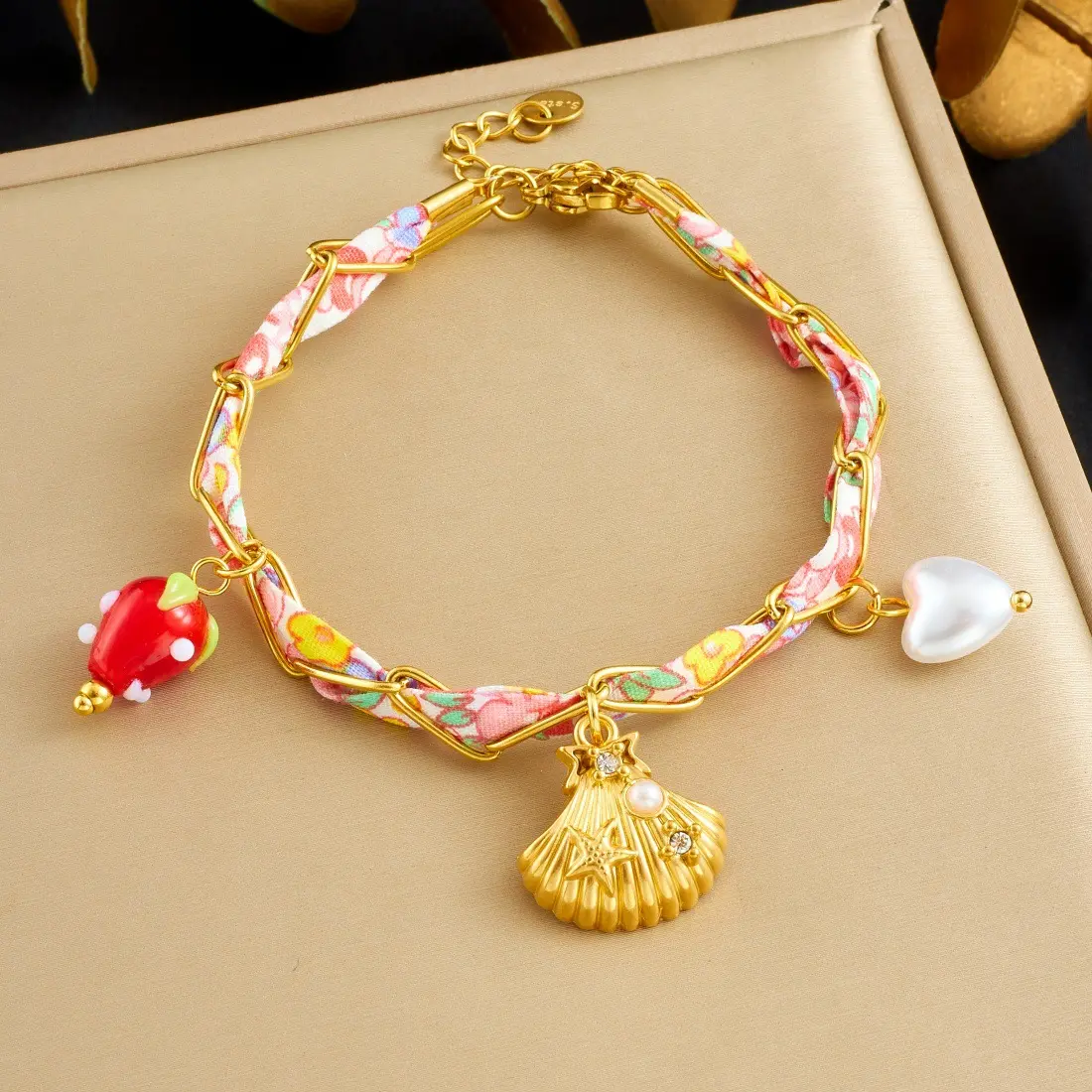 Fashion Printed Silk Scarf Stainless Steel Oil Drop Ladybug Pearl Shell Small Fish Dolphin Pendant Gift Bracelet