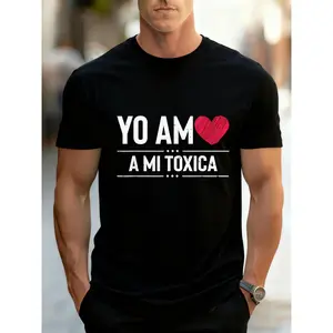 Muscular for Man in Black T - Shirt with 'YO AM A MI TOXICA' White Text & Red Heart Graphic, Casual Outdoor Cotton T - Shirt, Perfect for Fashion Enthusiasts