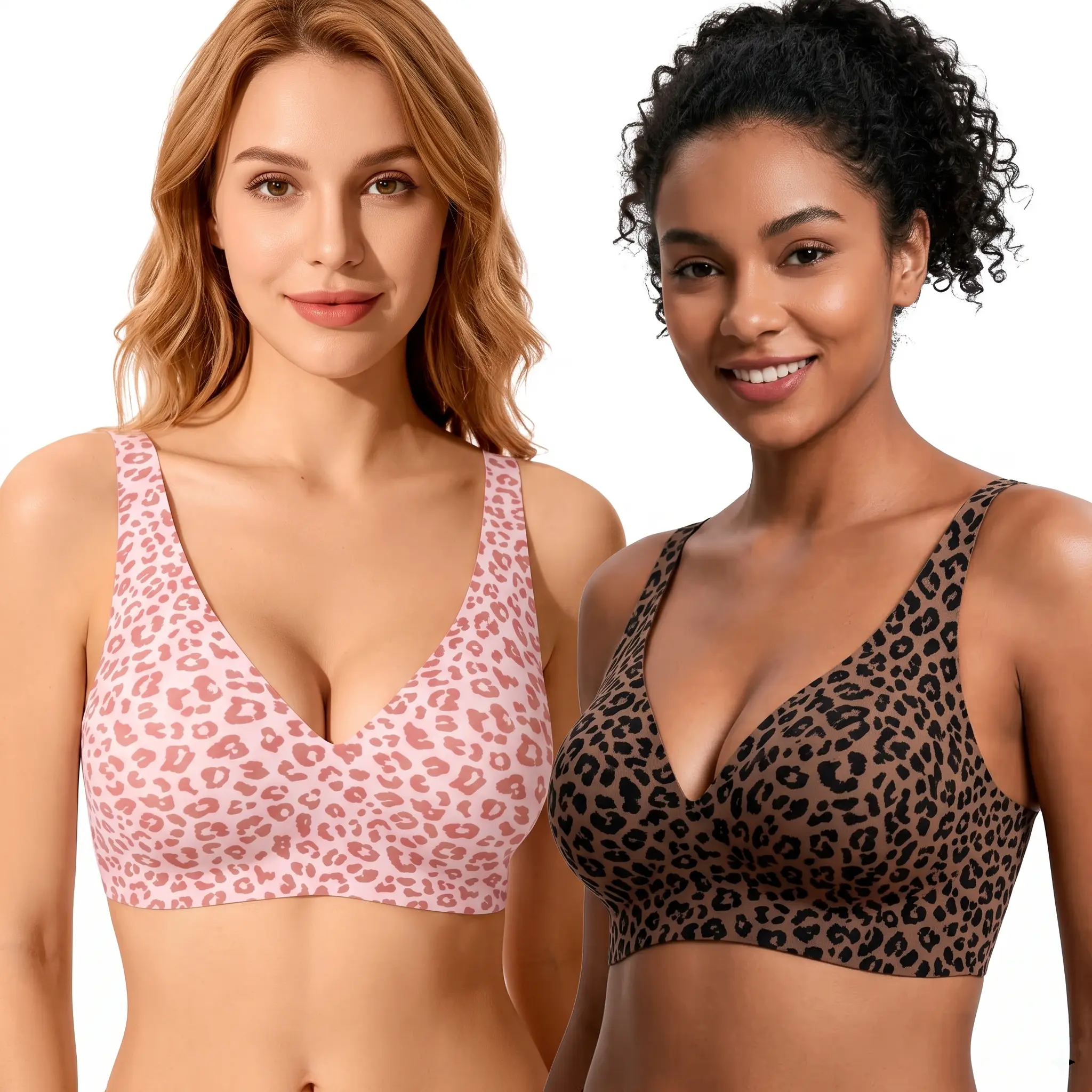 Women's 3-Piece Leopard-Print Jelly Bras, Plunge Seamless Wireless Push-Up Bralette, Full-Coverage, Side Support, Comfortable Sports T-Shirt Bra outdoor use