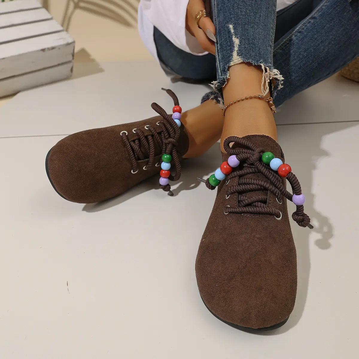 Brown suede lace-up flats for women with colorful wooden beads — retro boho casual shoes with soft soles, slip-on moccasins for fall and spring, trendy streetwear footwear