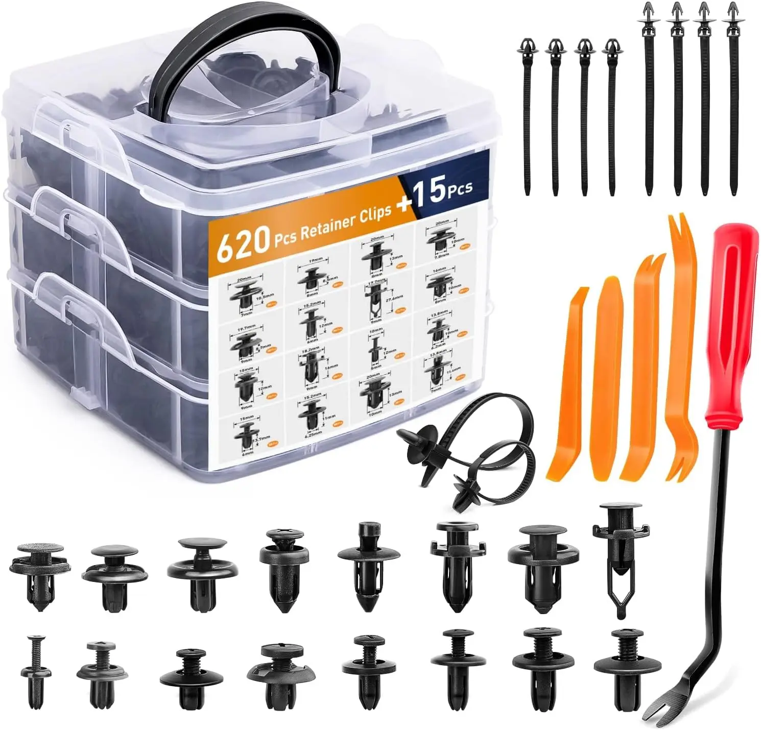 635PCS Car Push Retainer Clips Assortment, 16 Popular Sizes Nylon Bumper Fender Rivets with 10 Cable Ties and Fastener Removal Tool for Toyota, GM, Ford, Honda, Acura and Chrysler Vehicles