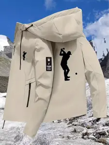 Men's All-Weather Windproof Hooded Jacket, Golf Print, Full Zip Closure, Outdoor Skiing & Golf Coat, Loose Fit, Pocket