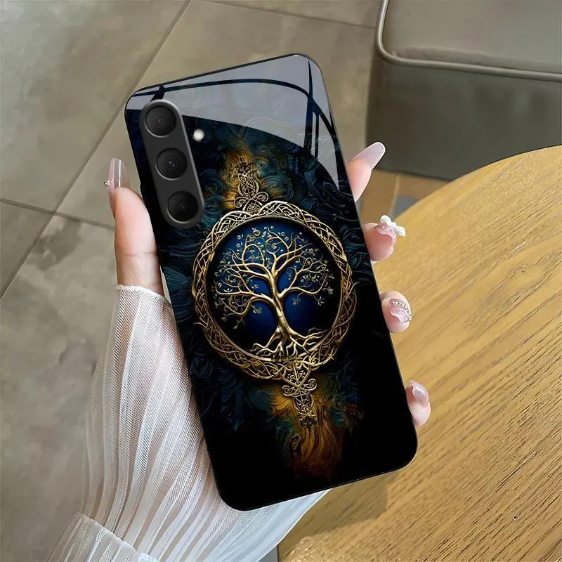 Suitable for [Galaxy S24] high-end phone case🤩， high-end patterns，blue and gold tree of life pattern new black phone，drop-resistant and fingerprint-proof YM99
