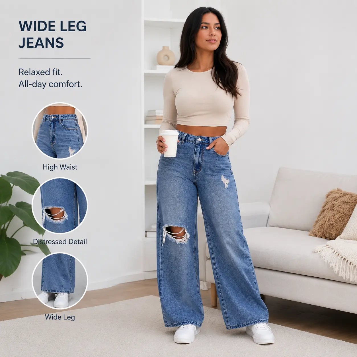 Women's Classic Blue Mid-Waist Cotton Blend Distressed Jeans - Long Pants for All Seasons, Street Casual Wear, Commuting, Mid Waist Jeans, Distressed Detail