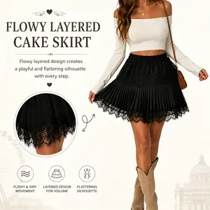 Women's Lace Mini Skirts Casual Low Waist Solid ColorLoose Fit Pleated Skirts Summer A-line Skirts
