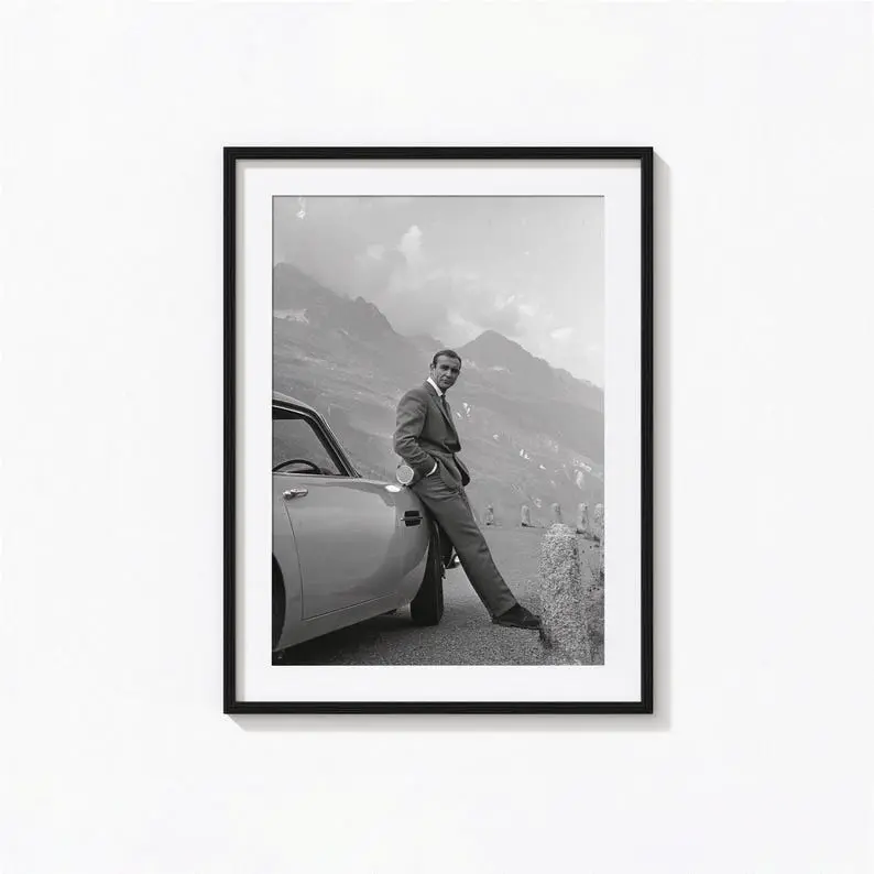 Sean Connery Print, 007 James Bond Classic Car Black and White Wall Art, Photography Prints, Museum Quality Photo Print