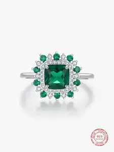 S925 Sterling Silver Fashion Square Shaped Green Synthetic Zirconia Ring, Elegant Jewelry for Party, Daily Decor, Trendy All-match & Exquisite Jewelry for Birthday Gift