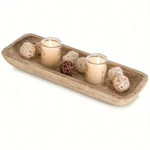 1pc 16" Decorative Bowl Tray Table Centerpiece: Wood Dough Bowl For Home Room Decor, Rustic Candle Holders For Dining Room Kitchen Counter Farmhouse Long Narrow Tray For Wedding Party Christmas Valentine Decor