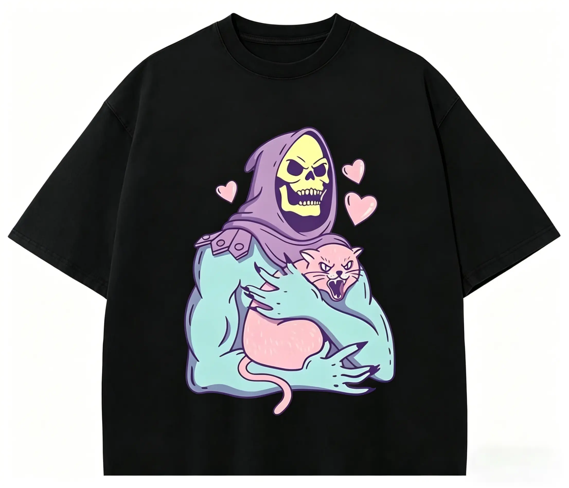 Skull and Cat T-shirt, Fun Skull and Cat T-shirt, Pastel Gothic Skull T-shirt, Retro Cartoon Casual Top, Available in Multiple Colors, Skull and Cat Lover T-shirt, Cute Skull and Cat Pattern T-shirt, Pastel Gothic Emoji T-shirt