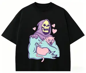Skull and Cat T-shirt, Fun Skull and Cat T-shirt, Pastel Gothic Skull T-shirt, Retro Cartoon Casual Top, Available in Multiple Colors, Skull and Cat Lover T-shirt, Cute Skull and Cat Pattern T-shirt, Pastel Gothic Emoji T-shirt