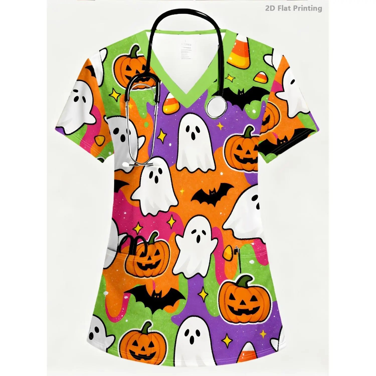 Halloween-Themed Women's Caregiver Uniform with Spooky All-Over Print, V-Neck Design, and Two Convenient Pockets
