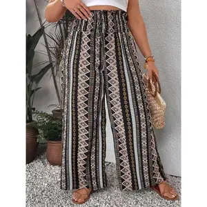 Plus Size Ethnic Pattern Frill Trim Shirred Wide Leg Pants, Boho Casual High Waist Straight Leg Trousers for Daily Holiday Vacation Wear, Women's Bottoms for Summer