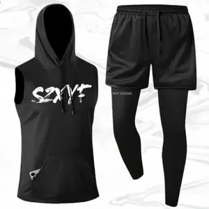 A set of men's hooded outfits with letter prints, featuring a casual street style. The drawstring hood adds a relaxed feel, while side pockets accommodate daily essentials. Shorts + skinny pants with double layer design add stylish layers. Breathable and