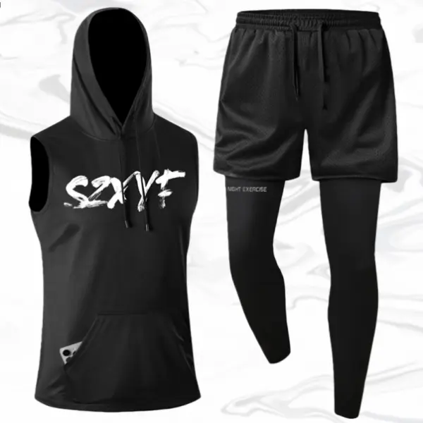 Men's 3-Piece Stylish Casual Street Sports Clothing Set, Breathable Quick-Dry Polyester Outfit with Letter Print, Hooded Top, Sleeveless Double-Layer Shorts & Pockets Fitted Pants, Menswear