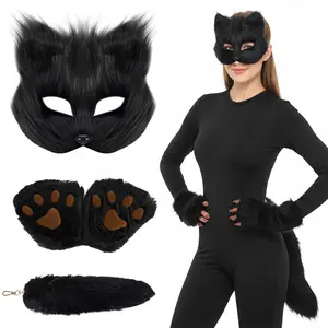Cat Fox Mask Tail and Paws Gloves Set Furry Animal Therian Kit Masquerade Halloween Costume Accessory for Themed Outfits