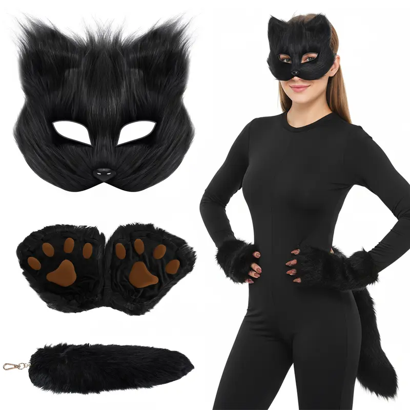 Cat Fox Mask Tail and Paws Gloves Set Furry Animal Therian Kit Masquerade Halloween Costume Accessory for Themed Outfits