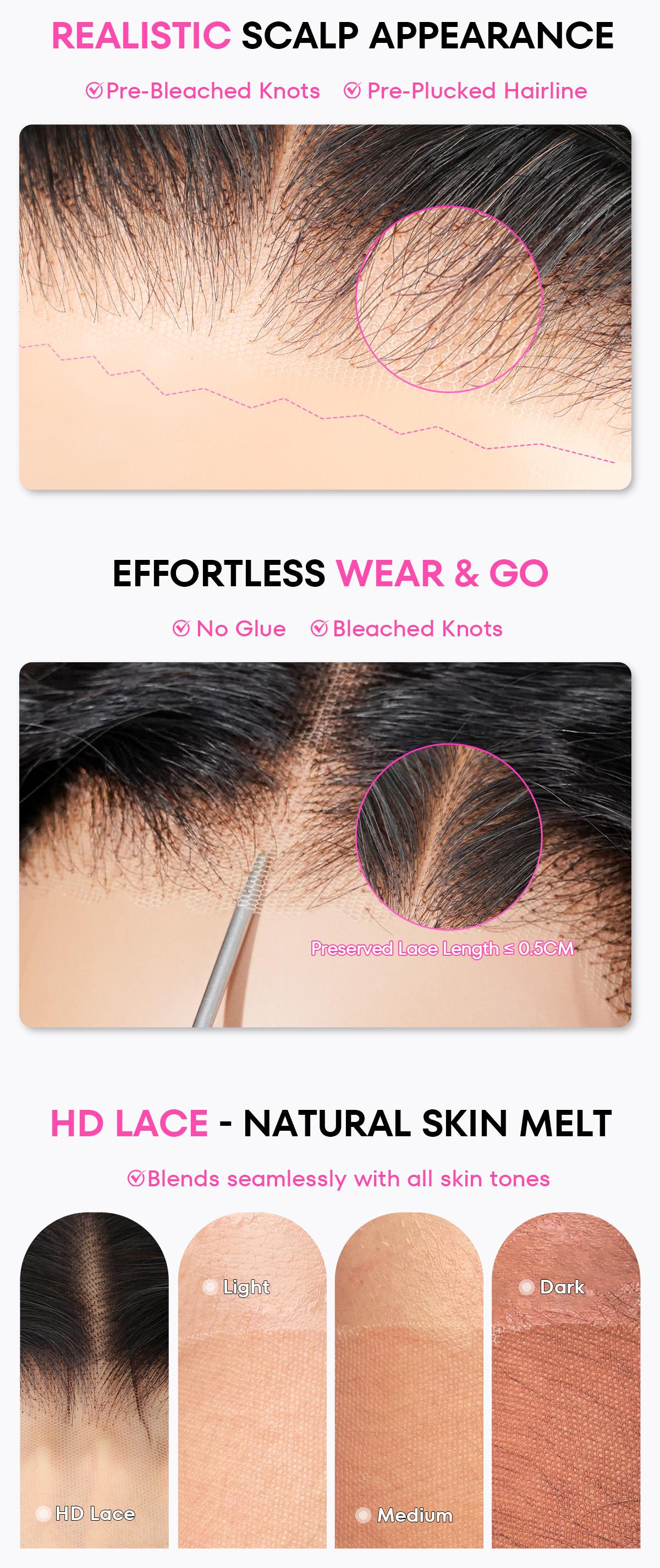 CurlyMe Body Wave Wear Go Glueless Bleached Mini Knots Pre-cut HD Lace Wig Pre-plucked Fluffy Wave Wig Natural Black 180% & 250% Density Medium Cap Size 22.5 inches