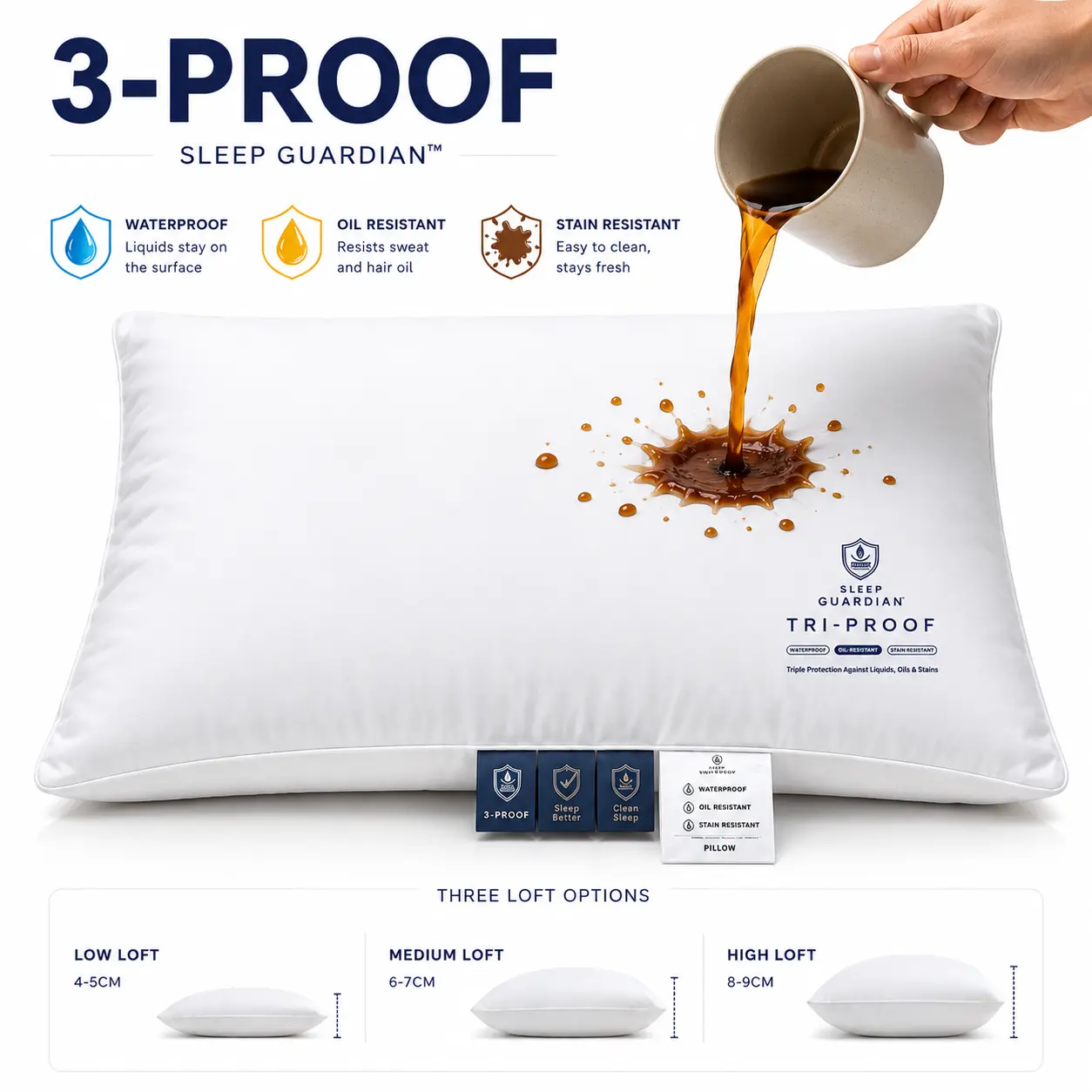 Daydoe Three-in-one deep sleep pillow – waterproof, oil-proof, and stain-resistant; three-zone cervical spine support; ergonomically designed memory foam; suitable for side, back, and stomach sleepers; available in three heights (low, medium, and high)